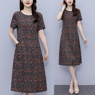 端庄大气小个子显瘦碎花连衣裙遮肚减龄直筒中年妈妈裙子短款 夏装