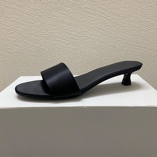 小众row风法式 复古绸缎面一字带凉拖女小猫跟极简舒适休闲半拖鞋