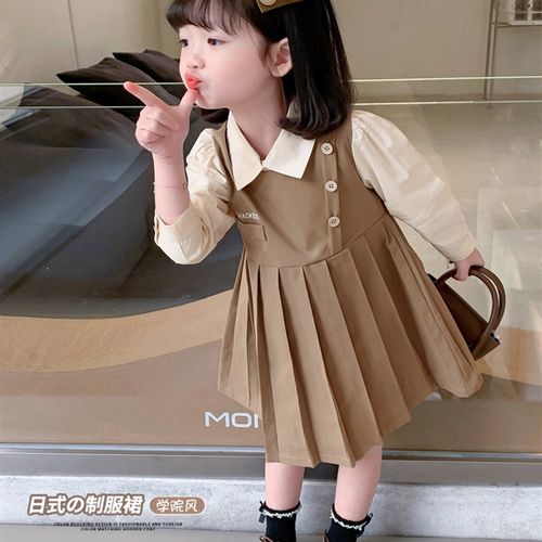 女童长袖春秋连衣裙学院秋装新款童装女宝洋气拼接儿童假两件裙子