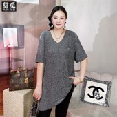 甜觅特大码 宽松显瘦V领T恤 胖mm300斤烫钻闪银中长款 女装 2025夏装