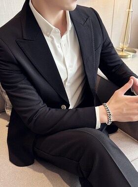 春季新款那不勒斯西服套装男士商务正装休闲戗驳领白色西装两件套
