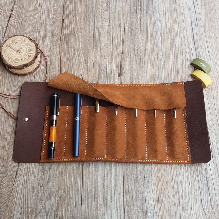 7支装钢笔保护套简约复古多支笔袋多功能真皮卷笔帘小清新收藏袋