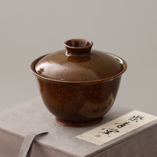 耀州窑许磊手作新美学粗陶酱色釉窑变青瓷中式大号两才元宝盖碗