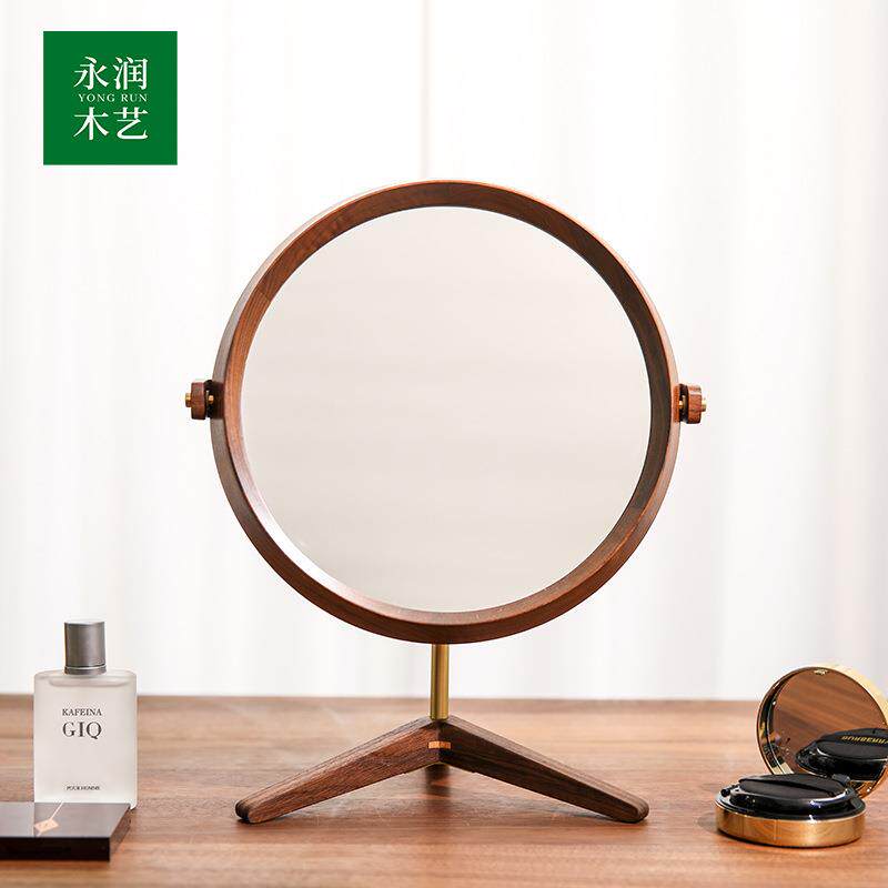 黑胡桃木镜桌面家用梳妆镜轻奢台式实木镜子桌面梳妆台圆形化妆镜