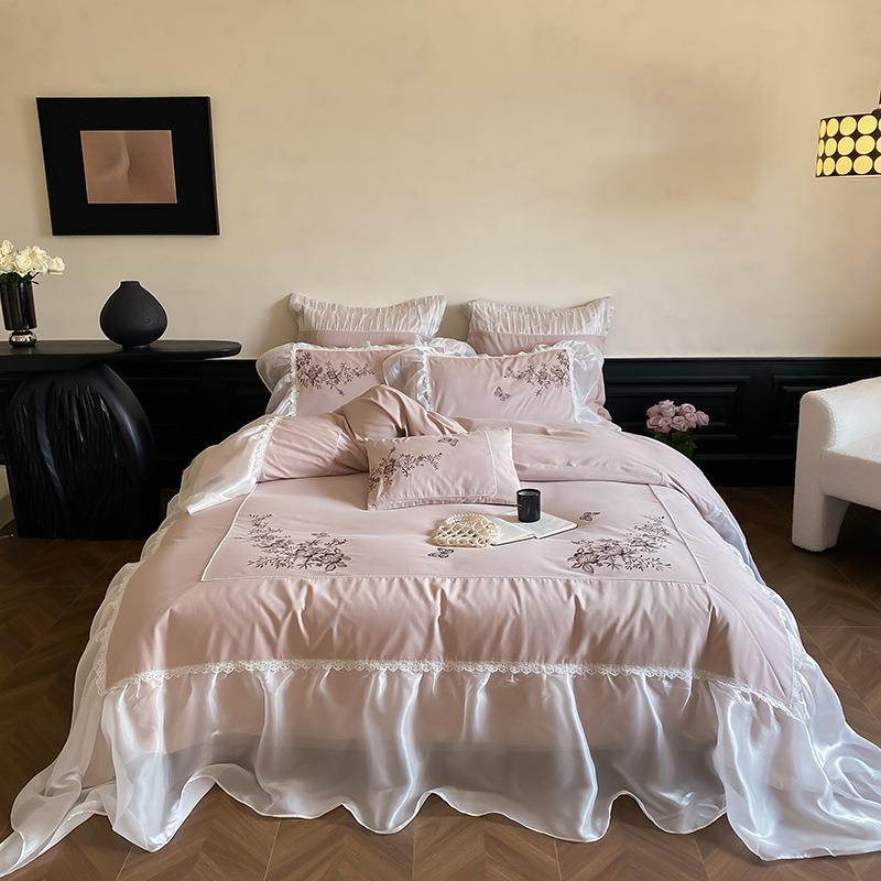 法式公主风100S全棉磨毛蕾丝花边刺绣四件套被套床单保暖1.8m床品