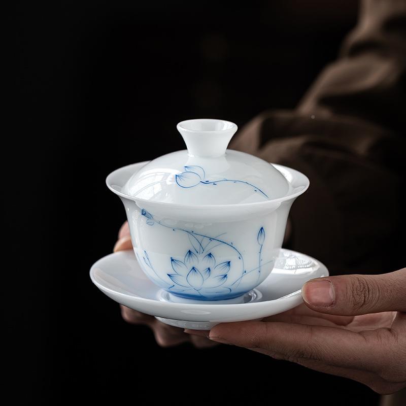 德化白瓷手墨荷釉下彩玉盖碗绘茶杯冰种瓷高温具功夫86885茶轻奢