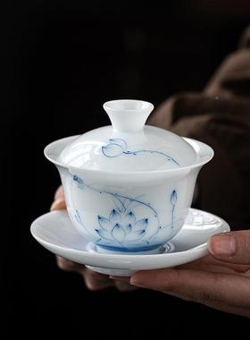 德化白瓷手墨荷釉下彩玉盖碗绘茶杯冰种瓷高温具功夫86885茶轻奢