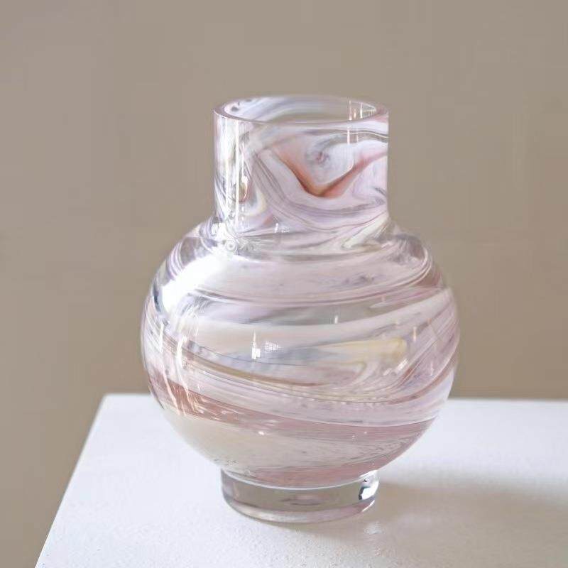 桌中古*瓶花瓶琉粉色云纹面璃小花家居玻璃插花器极简复古法式