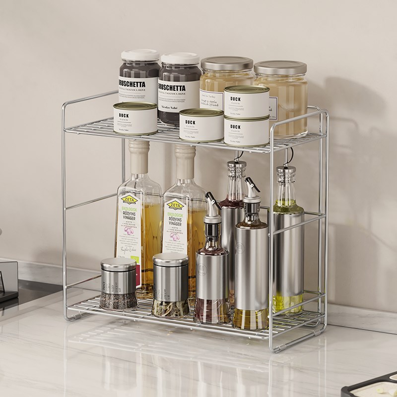厨房置物架30j4不锈钢台面双层调味架放调味品收纳刀架瓶罐置物架
