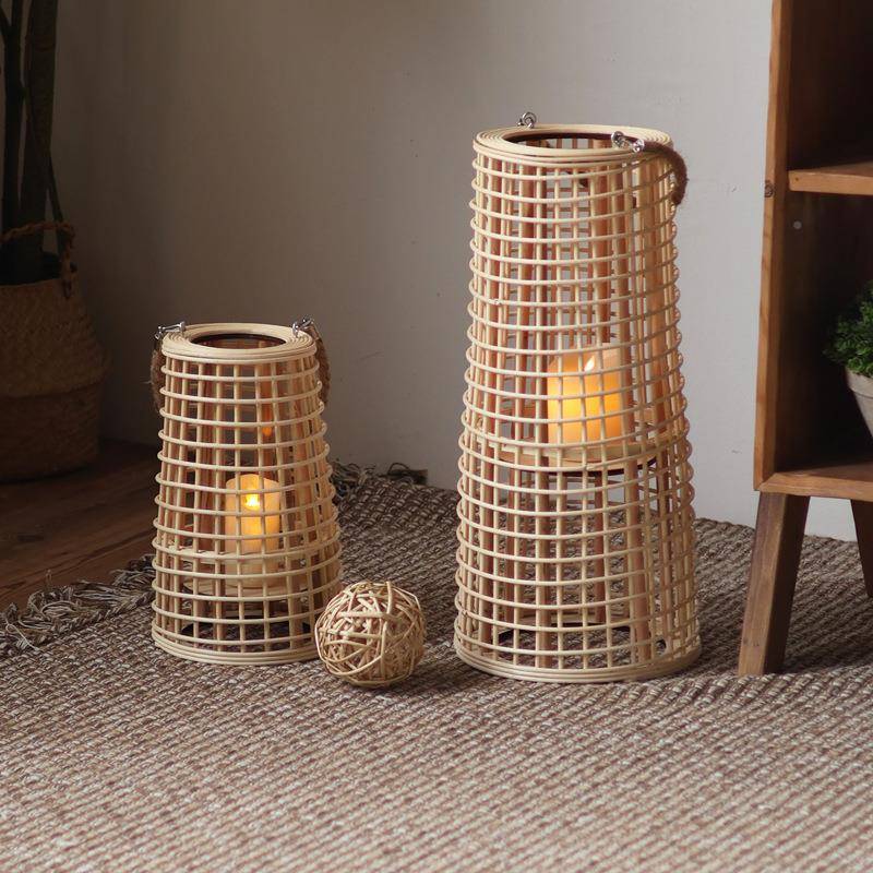 藤编手提落地风灯高插HEZ电烛台拍摄师道具设款计摆件灯笼灯简约
