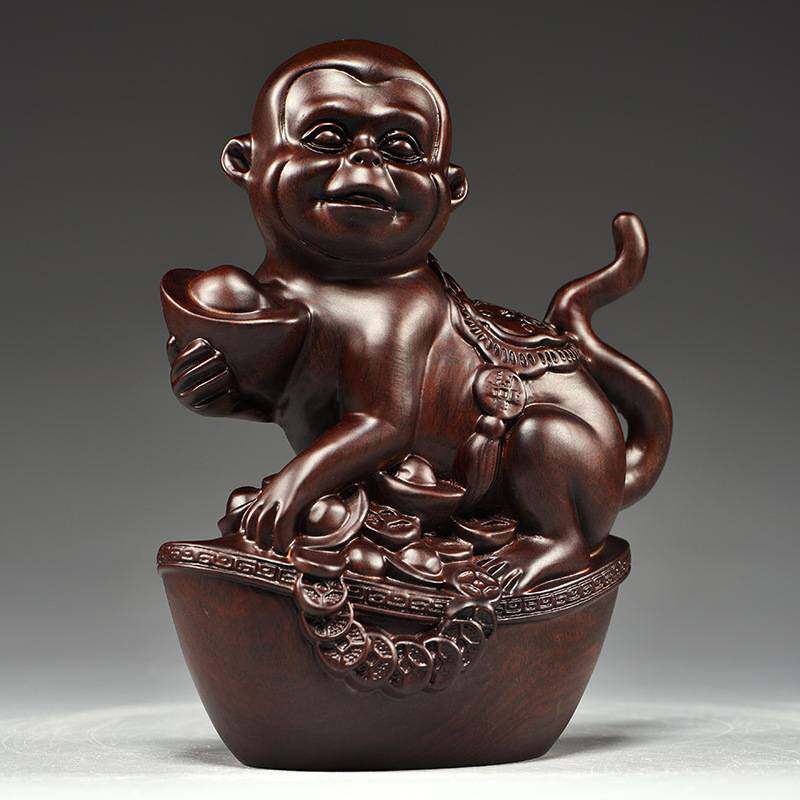 黑檀木雕猴子摆件三合十二生肖猴木头猴家居办公室动物工艺品送礼