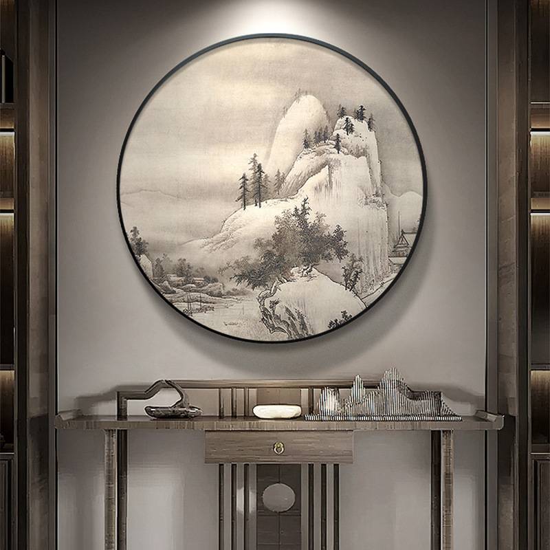 圆形山水装饰画新中式餐厅风景挂画饭店茶室玄关走廊水墨画古代风图片