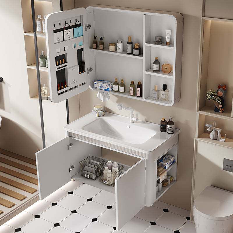 铝蜂窝浴室柜带侧柜收纳洗脸盆柜组合圆弧带挡水洗手台陶瓷一体盆