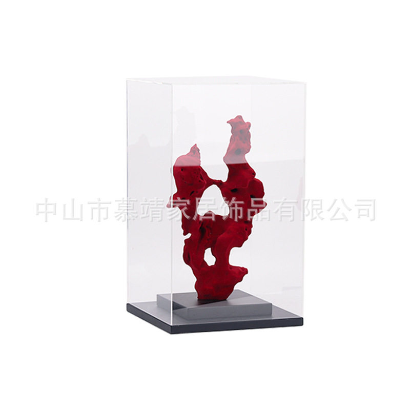创意新中式现代透明罩子红色太湖石摆件客厅茶几书桌玄关家居饰品