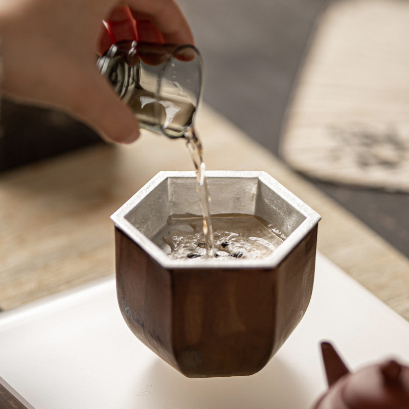 高档水盂水洗桌面茶渣缸陶瓷六角建水带锡盖茶洗茶具创意家用笔洗