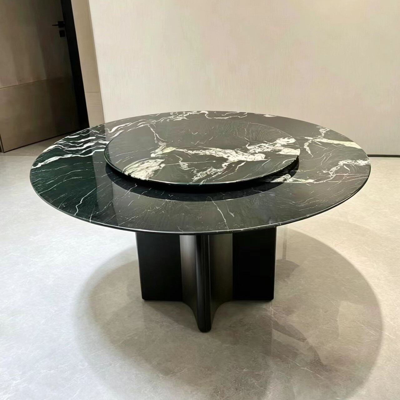 意式轻奢云母绿天然大理石圆餐桌天然石家用不锈钢圆形转盘餐台