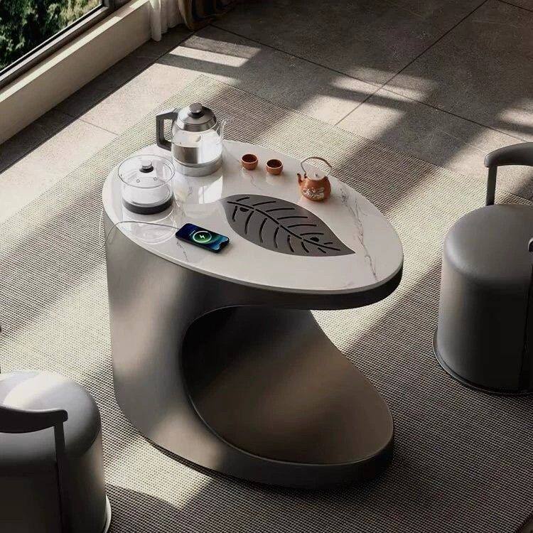移动茶台碳素钢阳台茶桌组合岩板茶几家用轻奢灰钢智能全自动烧水