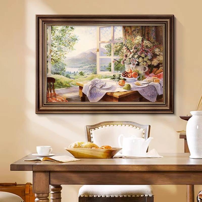 餐厅装饰画美式风景餐桌墙面挂画法式复古玄关入户壁画欧式喷绘画图片