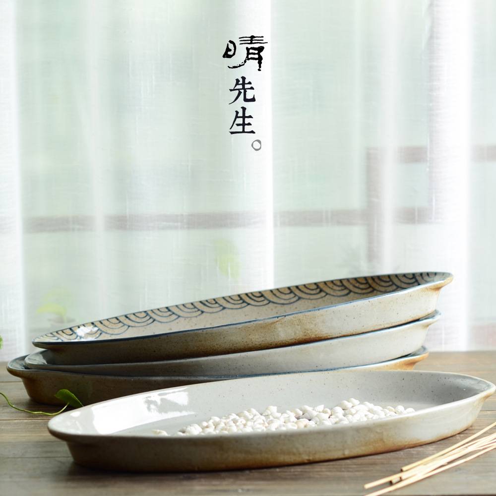 日式盘子家用釉下彩手绘青花菜盘陶瓷餐盘大盘子深盘鱼盘蒸鱼盘子