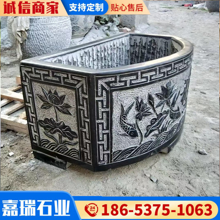 石雕鱼缸花盆别墅庭院浮雕荷花鱼缸庭院鱼池仿古青石仿古鱼缸