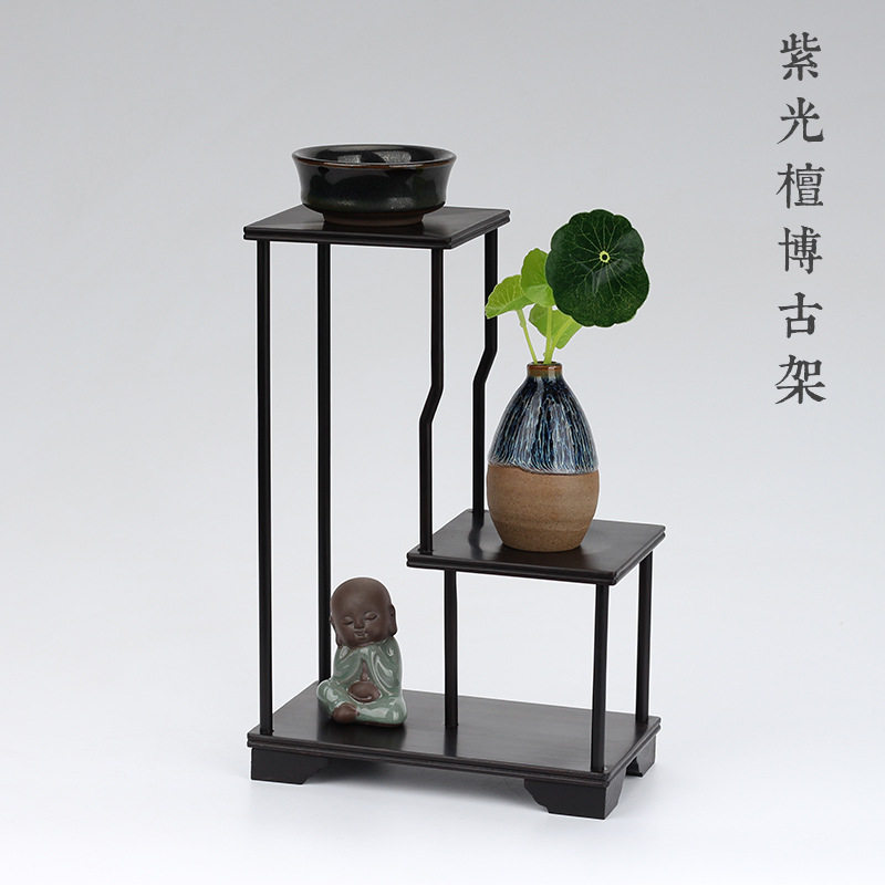 黑檀多宝格古玩架小型博古架紫光檀高低茶壶架饰品摆架奇石底座