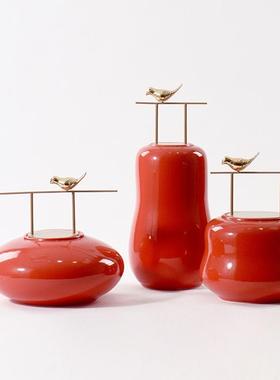 新中式中国红软装陶瓷装饰摆件样板间客厅玄关电视柜书房创意摆设