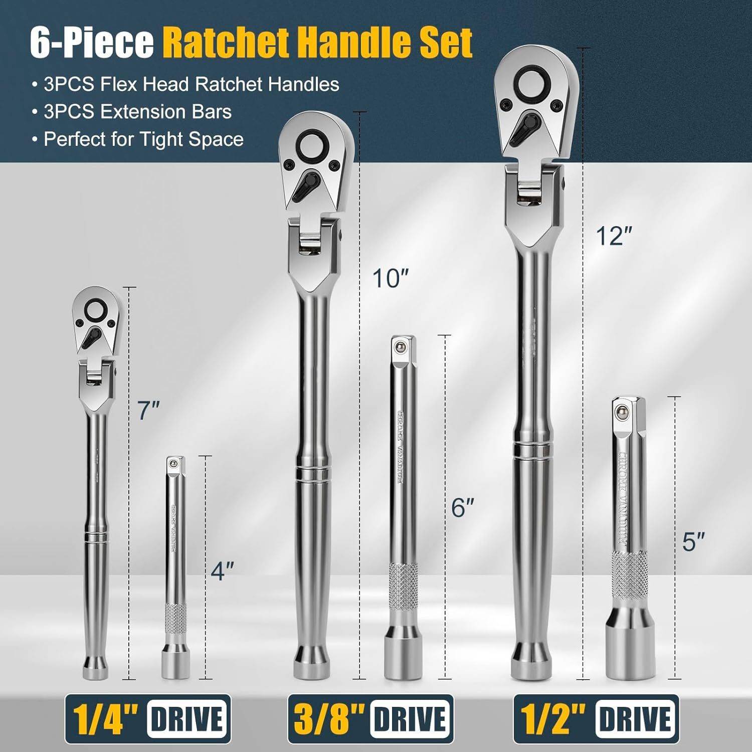 6件套摇头棘轮套装 6-Piece Flex Head Ratchet Set 1/4", 3/8",
