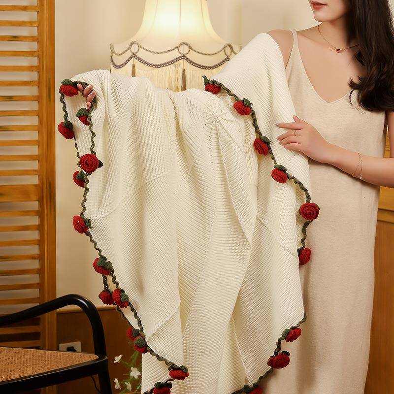 手工玫瑰花毯子成品花束毯子针织披肩毛毯盖腿小毯子午休毯露营毯