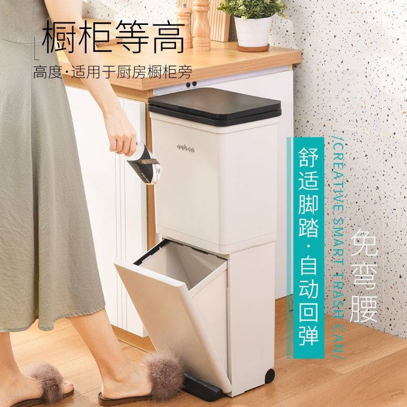双层分类二合一厨房垃圾桶家用大号加高免弯腰干湿分离可移动