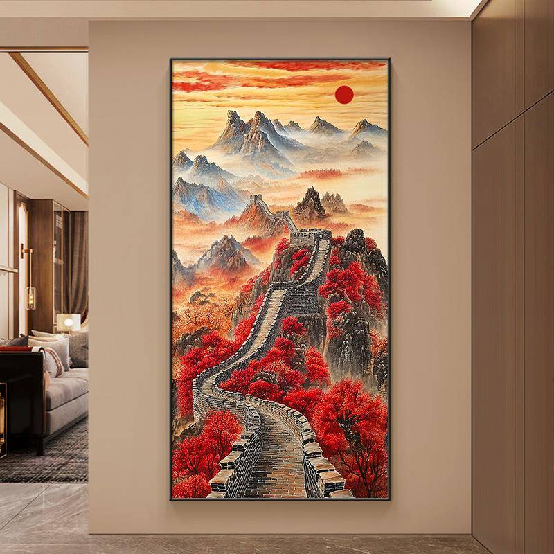 过一当头装饰画中式竖版走廊道客厅万里长城进门画新鸿运玄关挂画
