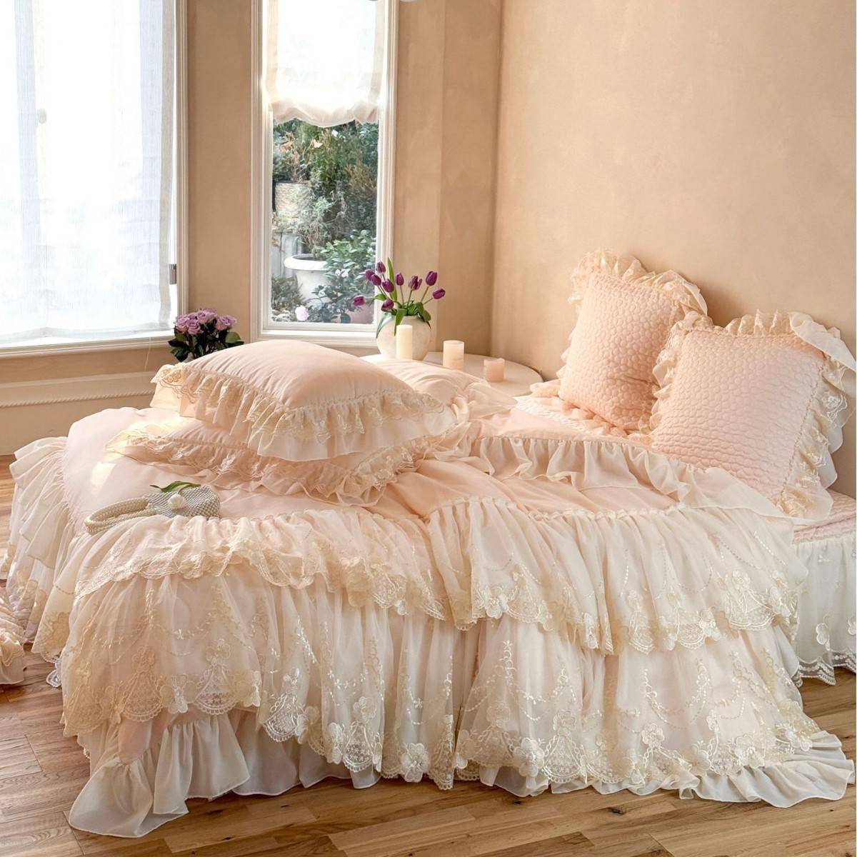 法式浪漫高支密全棉长绒棉四件套公主风蕾丝刺绣纯棉被套床裙床品
