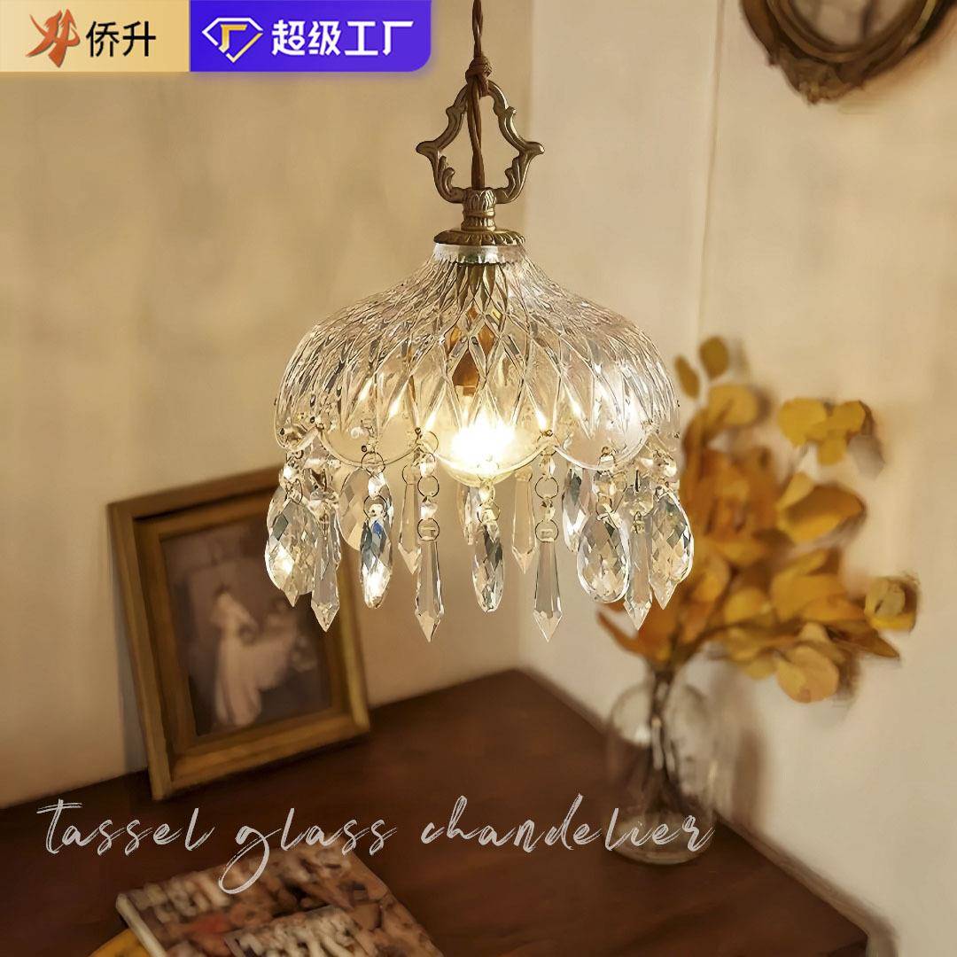 水晶小吊灯法式氛围感复古轻奢卧室床头玄关过道走廊阳台全铜吊灯
