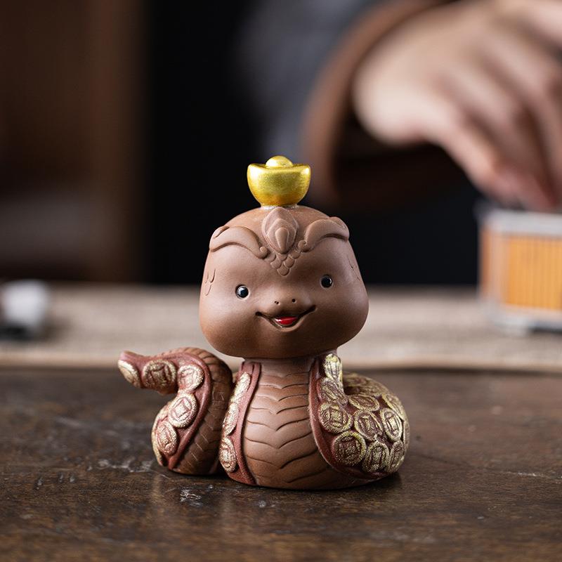 紫砂元宝小蛇茶宠摆件精品可爱萌宠客厅家居装饰蛇年工艺品小茶玩