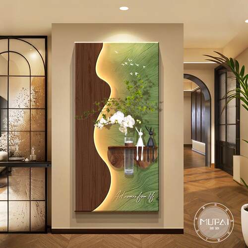 中古风水培绿植入户正对门玄关装饰画2025新款高端走廊过道壁画灯