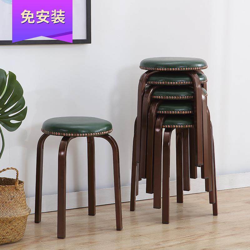 美式复古铁艺凳子家用高板凳简约现代皮革椅餐桌凳可叠放欧式圆J&