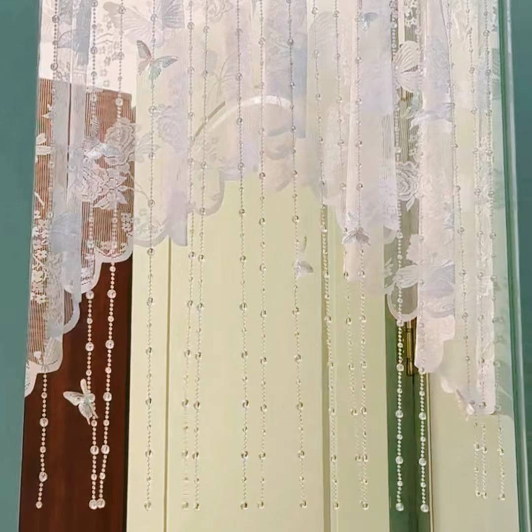 梦幻隔断帘半帘卫生间蝴蝶蕾丝帘子免打孔小清新纱帘珠帘组合门帘