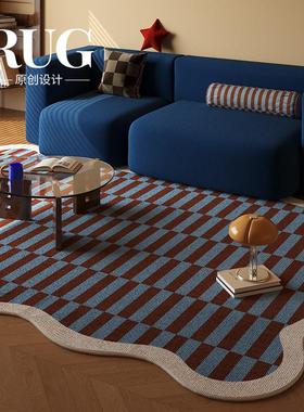 RUG原创设计 蓝色包豪斯条纹地毯客厅轻奢高级覆古免洗地垫不规则