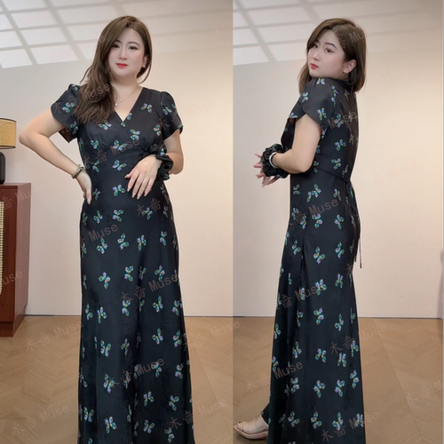【蝶影】人丝香云纱斜裁茶歇收腰显瘦碎花女装连衣裙气质后妈裙