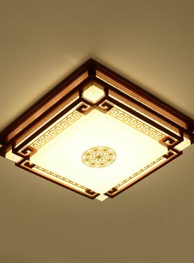 中式吸顶灯客厅灯实木羊皮灯木艺复古中国风长方形古典书房卧室灯