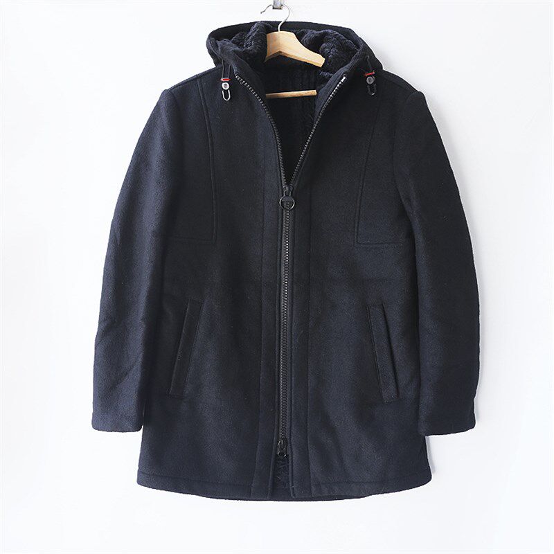 纯黑色修身大衣连帽中长外套风衣夹克毛呢男冬季加绒口袋拉链春节