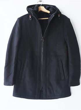 纯黑色修身大衣连帽中长外套风衣夹克毛呢男冬季加绒口袋拉链春节