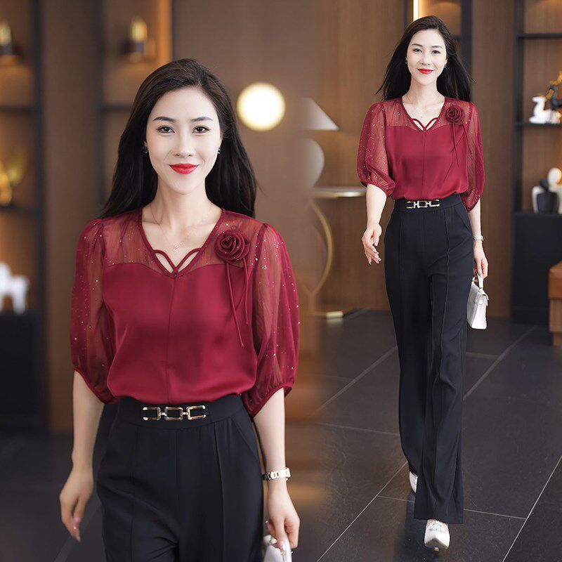 阔腿裤套装女2025夏季新款时尚洋气质宽松雪纺上衣薄款长裤两件套