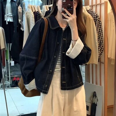 春装女款2025年新款米鹿牛仔外套女短款小个子翻领复古休闲上衣女