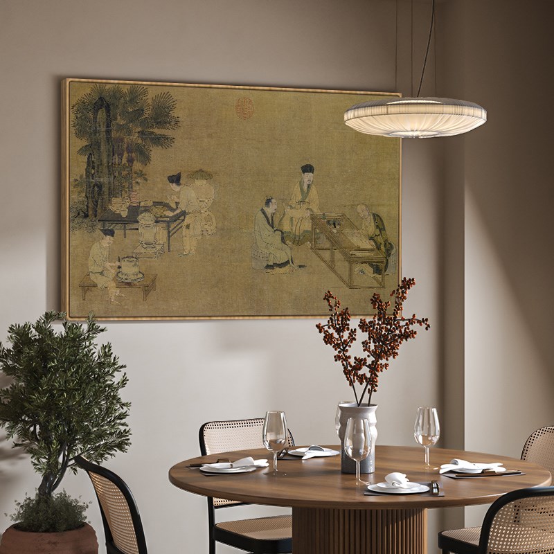 刘松年撵茶图古画茶室背景墙横幅挂画茶楼茶馆茶文化装饰画带框画