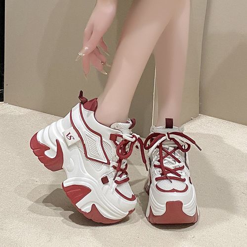 韩版9cm增高老爹鞋女春夏新款网面透气厚底内增高女鞋红色运动鞋