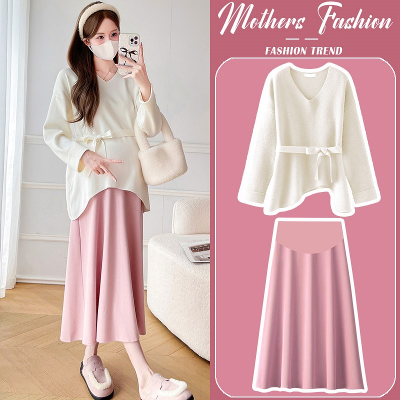 孕妇连衣裙套装2024新款不规则V领毛衣针织衫半身裙秋冬两件套女