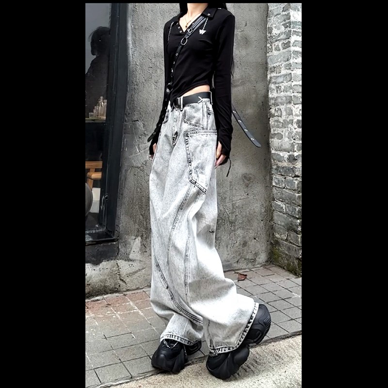 2024夏季新款爆款高级个性拼接宽松阔腿裤显瘦重工潮酷牛仔裤女图片
