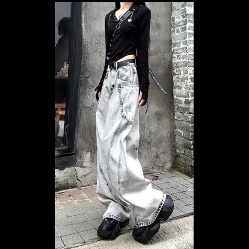 2024夏季新款爆款高级个性拼接宽松阔腿裤显瘦重工潮酷牛仔裤女