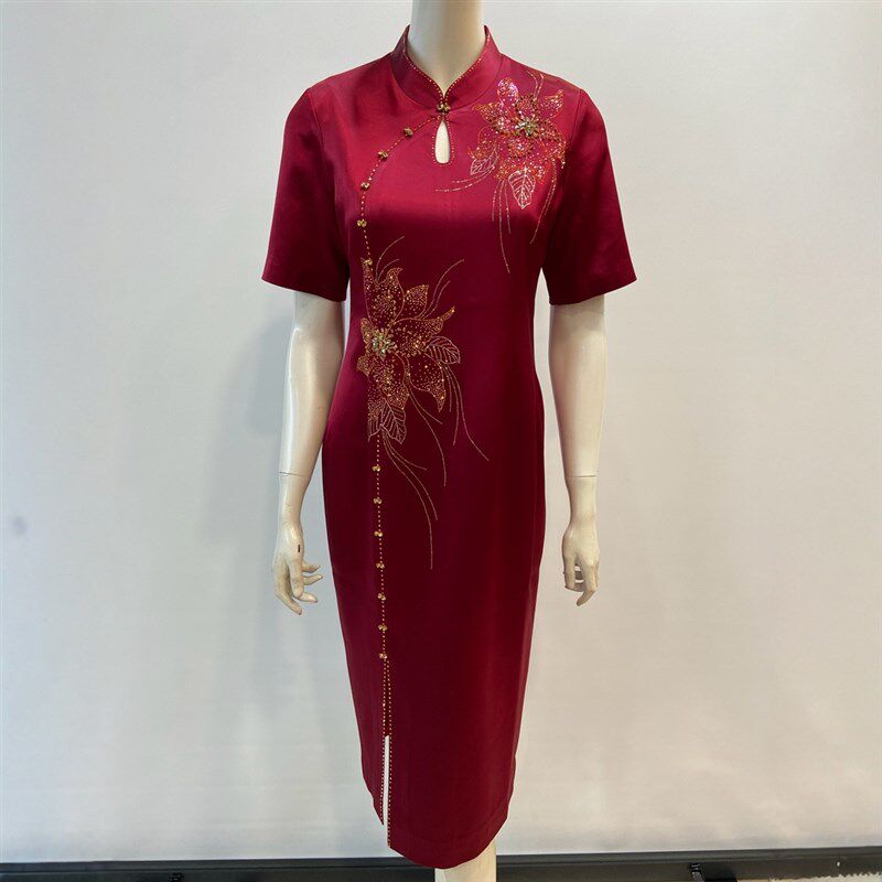 高端结婚宴喜妈妈婚礼服醋酸缎连衣裙高贵气质喜婆婆国风改良旗袍