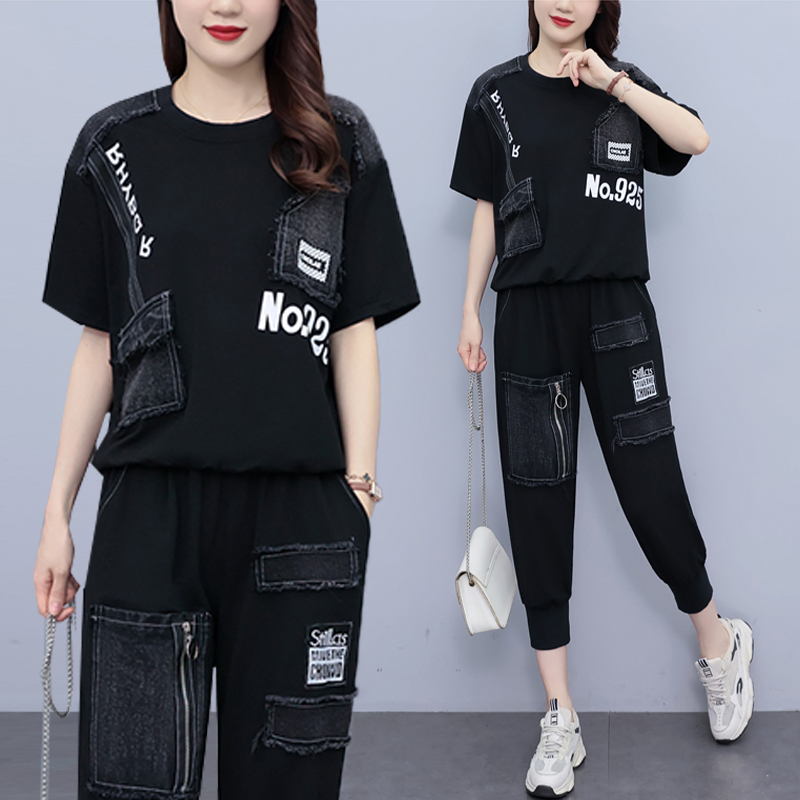 胖MM宽松拼接印花短袖上衣+裤子两件套女2025年夏季大码时尚套装